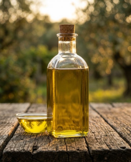 a bottle of olive oil restaged — Rustic, golden hour